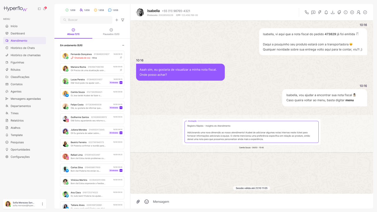 Painel de atendimento da Hyperflow com conversas organizadas por agente e fila